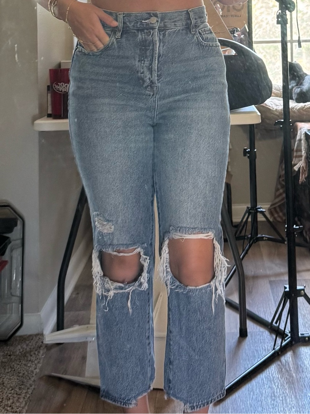 PacSun Light Blue High-Rise Distressed Straight Leg Jeans
